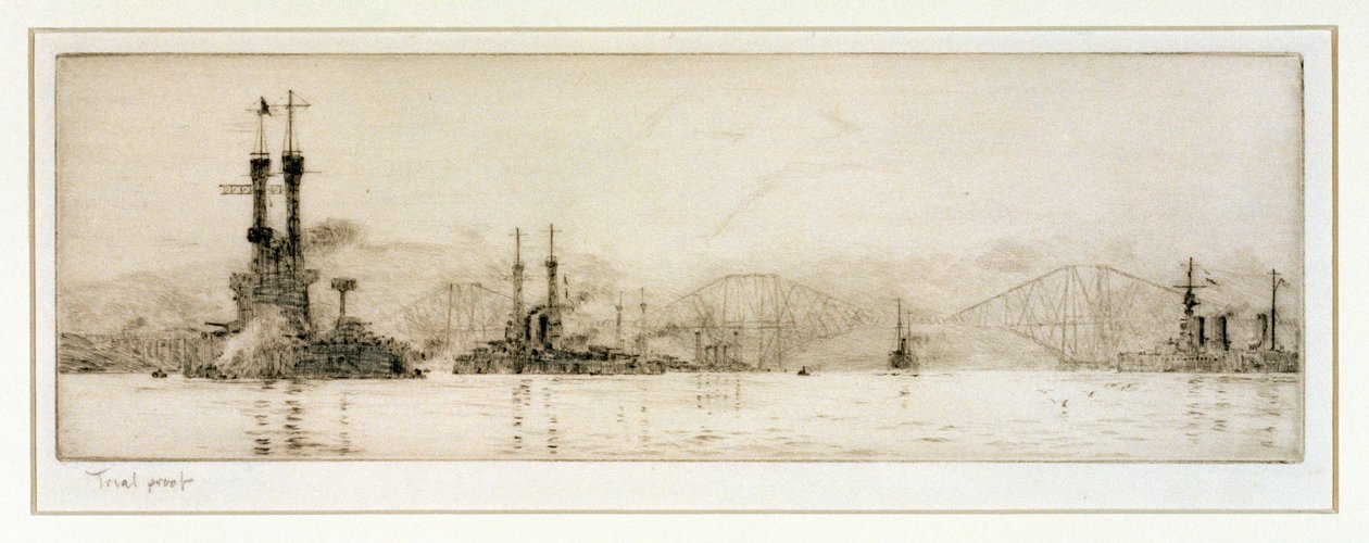 De amerikanska slagskeppen "New York" och "Texas" utanför Rosyth, ca 1918 (etsning, bearbetad med grafit) av William Lionel Wyllie