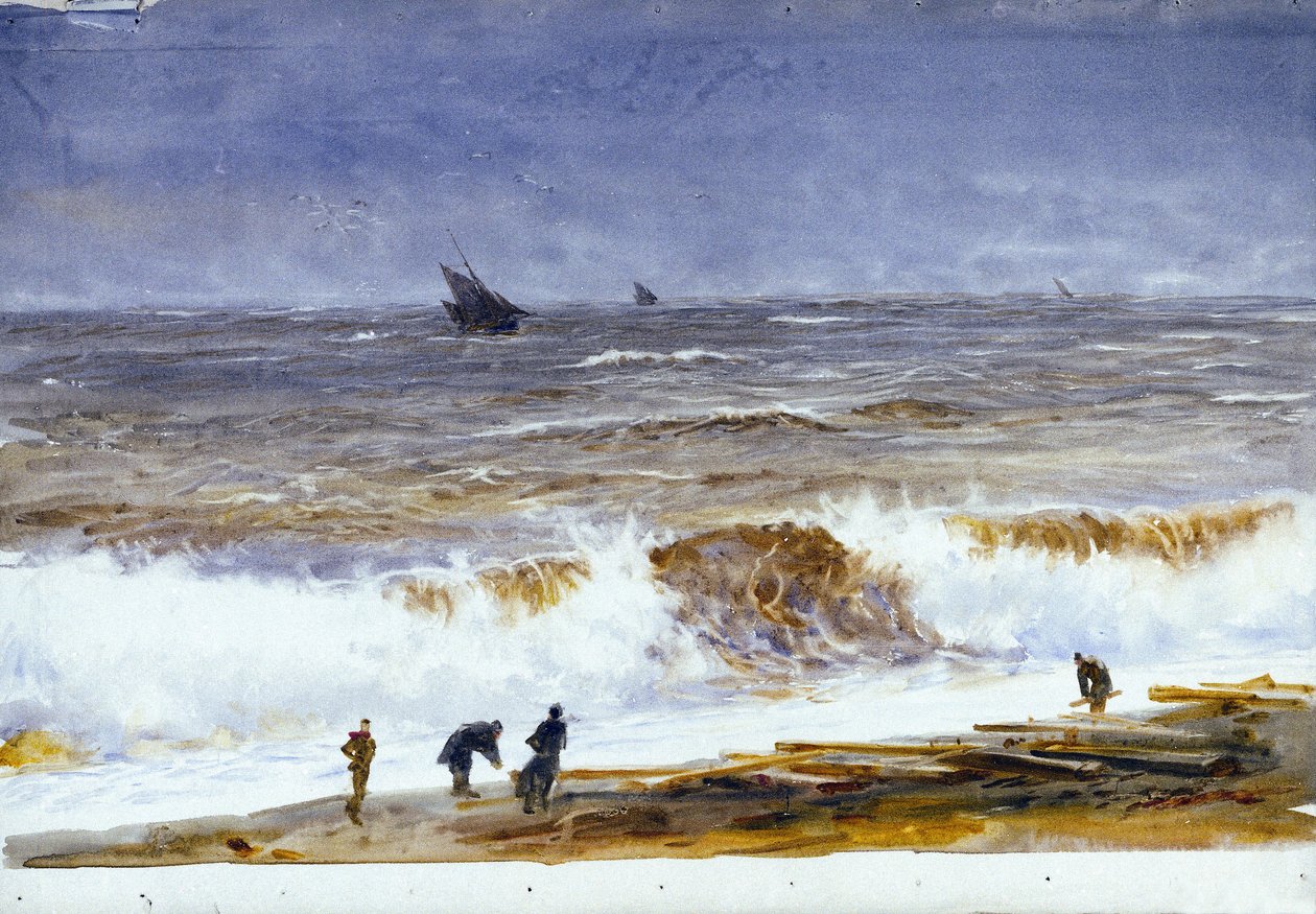 Stranden i Berck sur mer (Berck-sur-Mer) (Frankrike), med upprört hav och personer på stranden. Akvarell, efter 1890, av William Lionel Wyllie (1851-1931). av William Lionel Wyllie