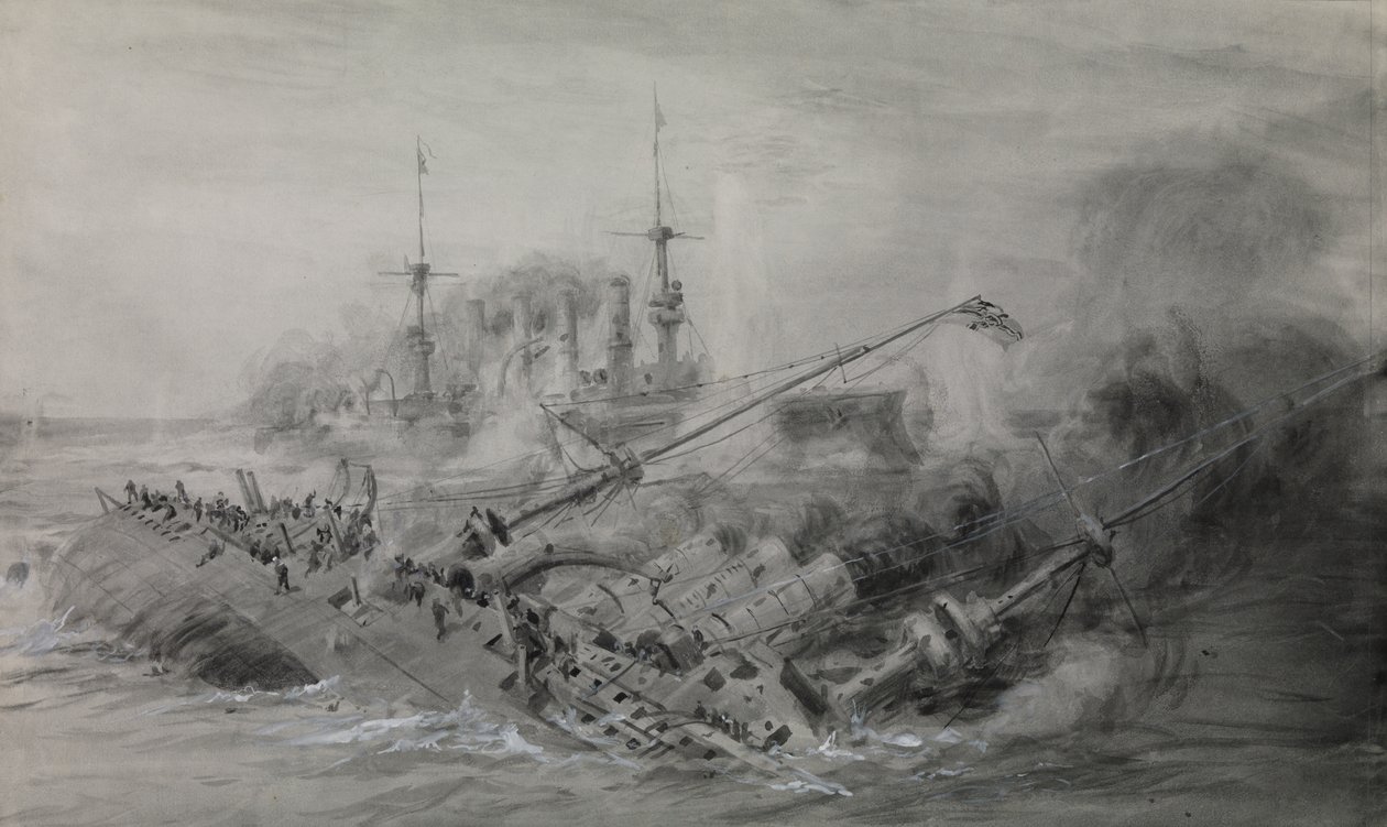 De sista av "Scharnhorst" och "Gneisenau"; slaget vid Falklandsöarna, 8 december 1914, ca 16.15, ca 1915-18 (lav, grått, förstärkt med vitt) av William Lionel Wyllie