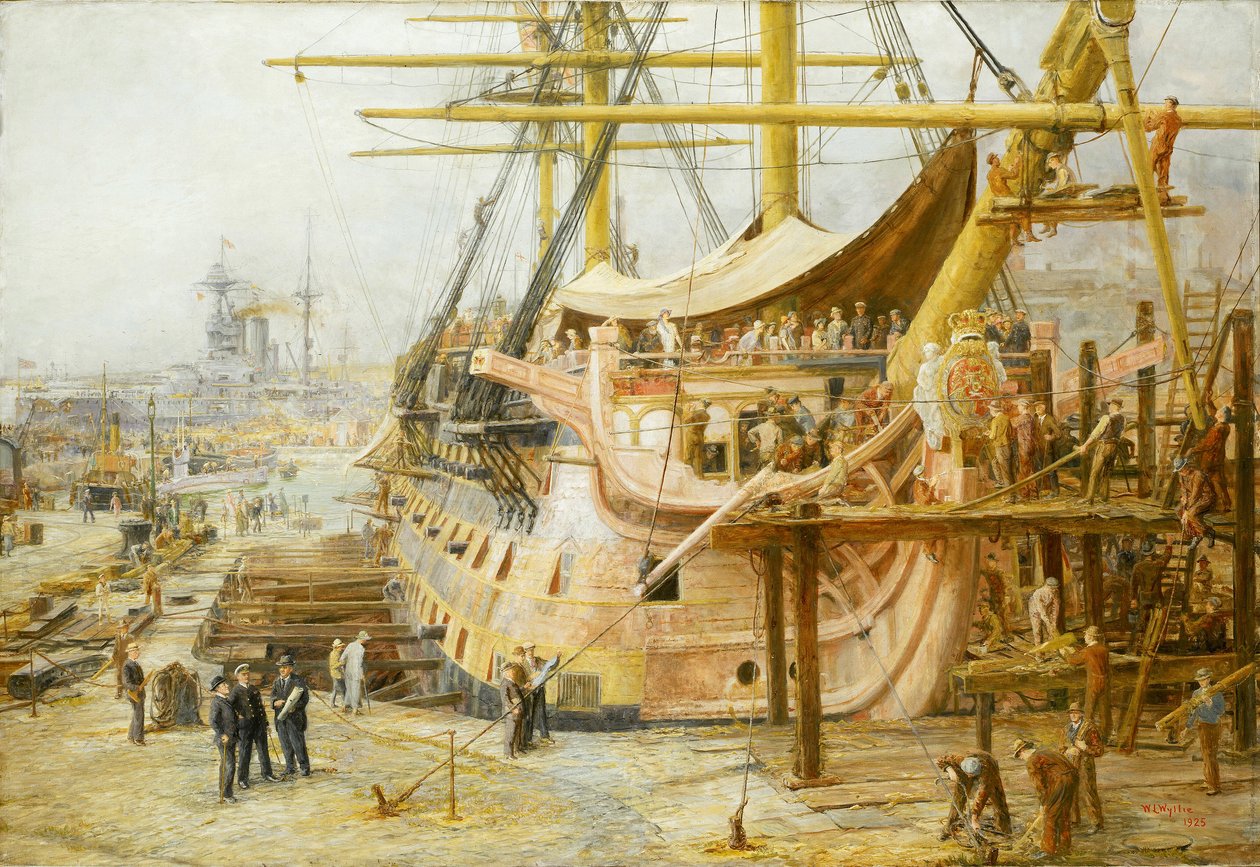 Restaureringen av HMS "Victory", i hamnbassängen i Portsmouth (England), efter lanseringen av en stor nationell finansieringsoperation för att rädda fartyget från segern i Trafalgar (1805), återfördes fartyget till vattnet i april 1925 av William Lionel Wyllie