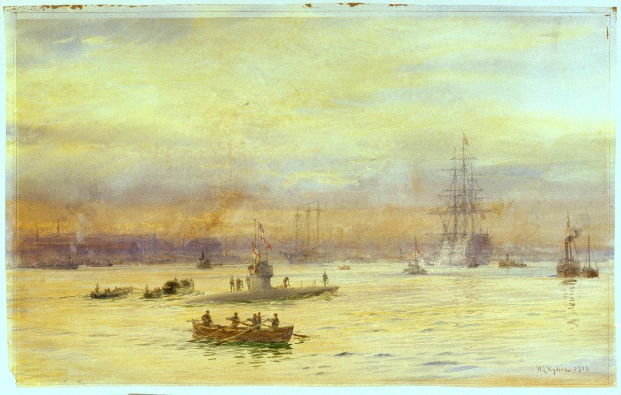 Denna vy visar hamnen på Gosport-sidan där en ubåt är på väg in, med en annan framför sig. av William Lionel Wyllie