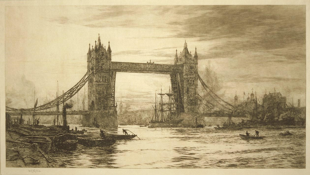 Tower Bridge sett från Themsen, London, c1894-1931 av William Lionel Wyllie