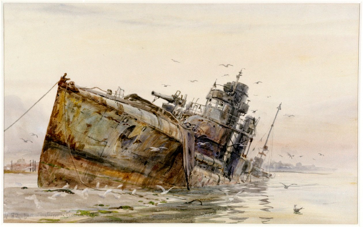 "V82 German Destroyer in Fountain Lake", ca 1920-22 (akvarell) av William Lionel Wyllie