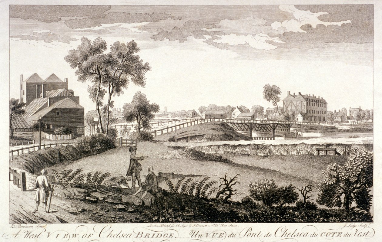 Väster utsikt över Chelsea Bridge, London, c1760 av William Lodge