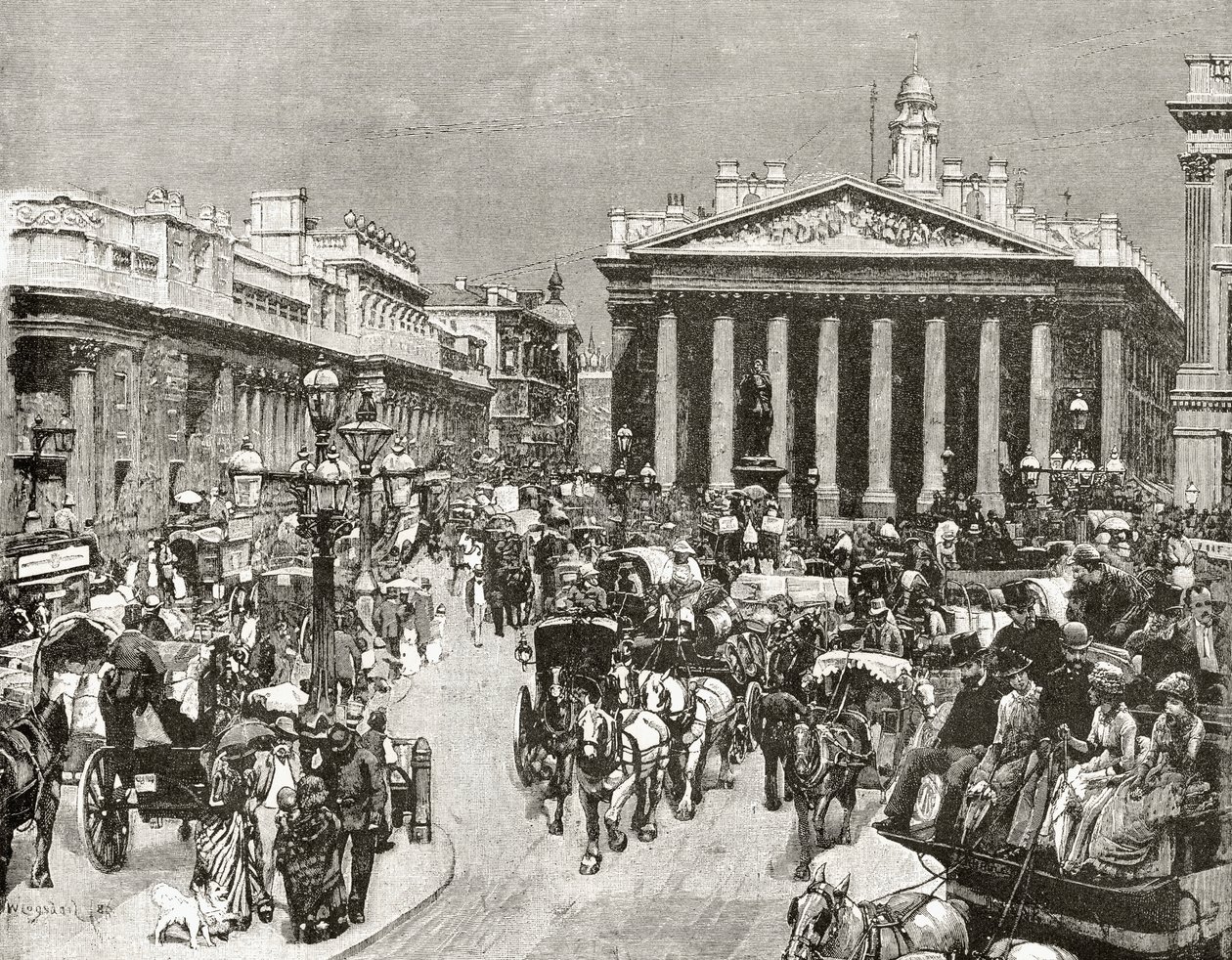 Bank of England och Royal Exchange under artonhundratalet, från "London Pictures: Drawn with Pen and Pencil", av pastor Richard Lovett, publicerad 1890 av William Logsdail