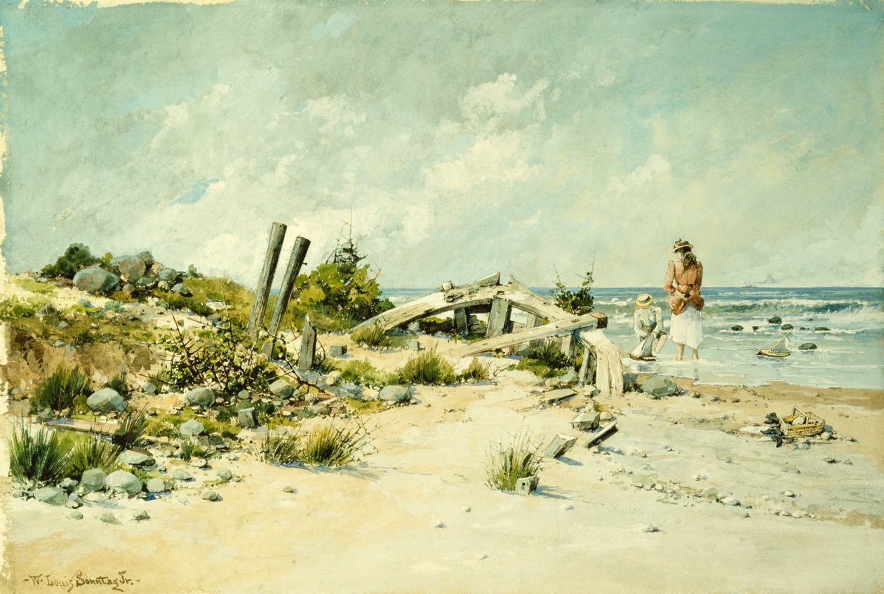 Strandlek (akvarell och gouache) av William Louis Jnr. Sonntag