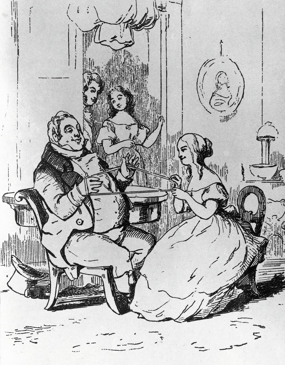 Mr Joseph Sedley intrasslad av Becky Sharp, illustration till första kapitlet av Vanity Fair, roman av William Makepeace Thackeray (1811-1863), gravyr efter teckning av William Makepeace Thackeray (1811-1863), publicerad i Chicago 1882 av William Makepeace Thackeray