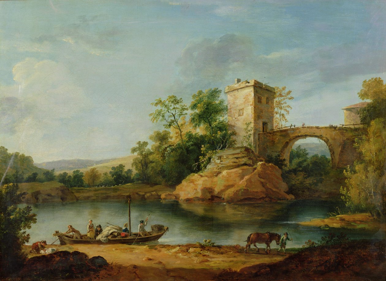 Ett skogsbevuxet italienskt flodlandskap med bönder i en pråm och en bro bortom, ca 1770 (akvarell) av William Marlow