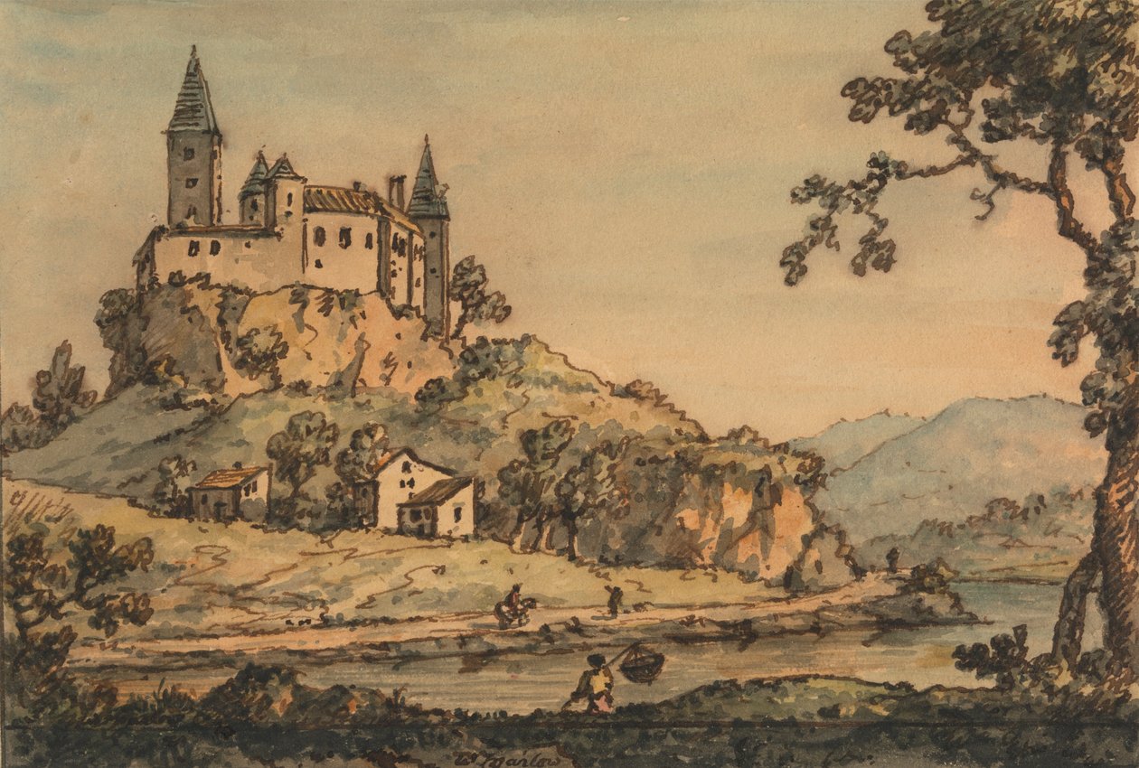 Slott med utsikt över en flod av William Marlow
