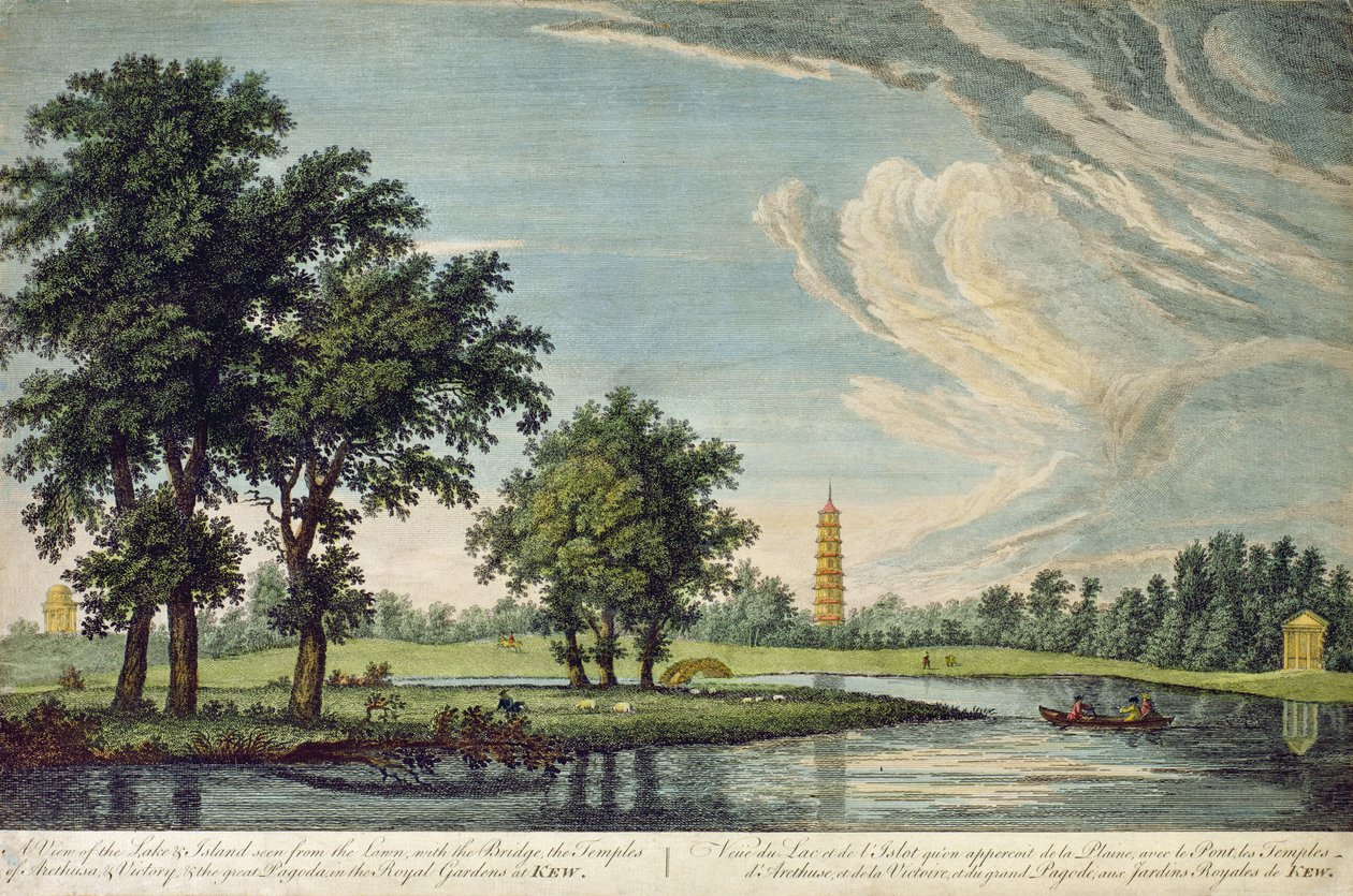 Kew, en utsikt över sjön och ön sedd från gräsmattan, med bron, Arethusas tempel och Victory och den stora pagoden i de kungliga trädgårdarna i Kew av William Marlow