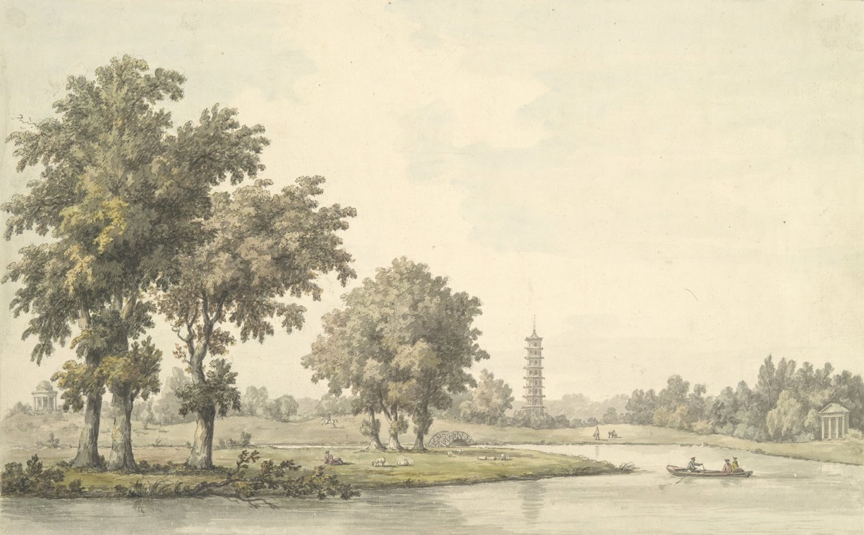Utsikt över sjön och ön från gräsmattan i Kew, 1763. av William Marlow