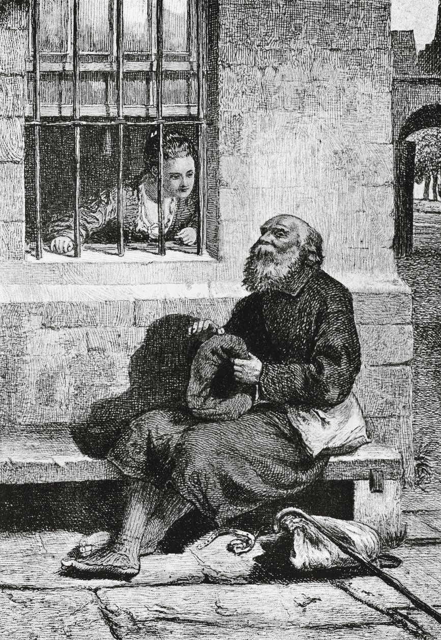 Miss Wardour och tiggaren Edie Ochiltree, illustration för Antiquary, historisk roman av Walter Scott (1771-1832), gravyr efter teckning av William McTaggart (1835-1910) av William McTaggart