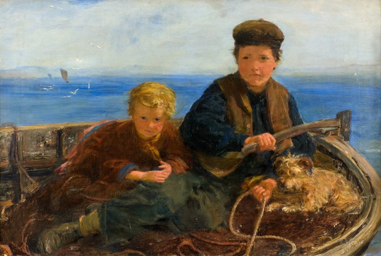 Två pojkar och en hund i en båt, ca 1871 (olja på duk) av William McTaggart