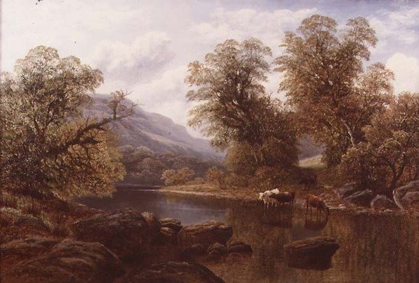 Landskap med en flod och boskap (olja på duk) av William Mellor