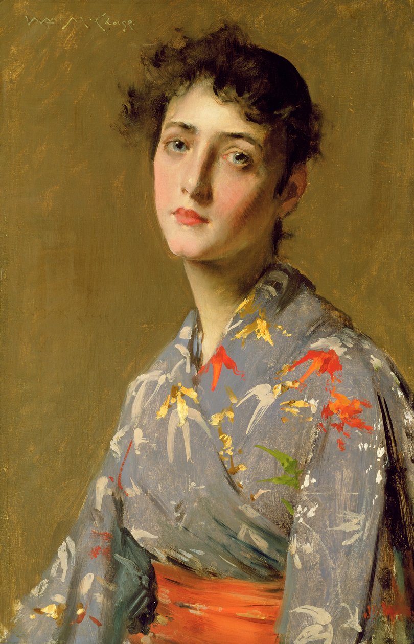 Flicka i japansk kostym, ca 1888 (olja på duk) av William Merritt Chase