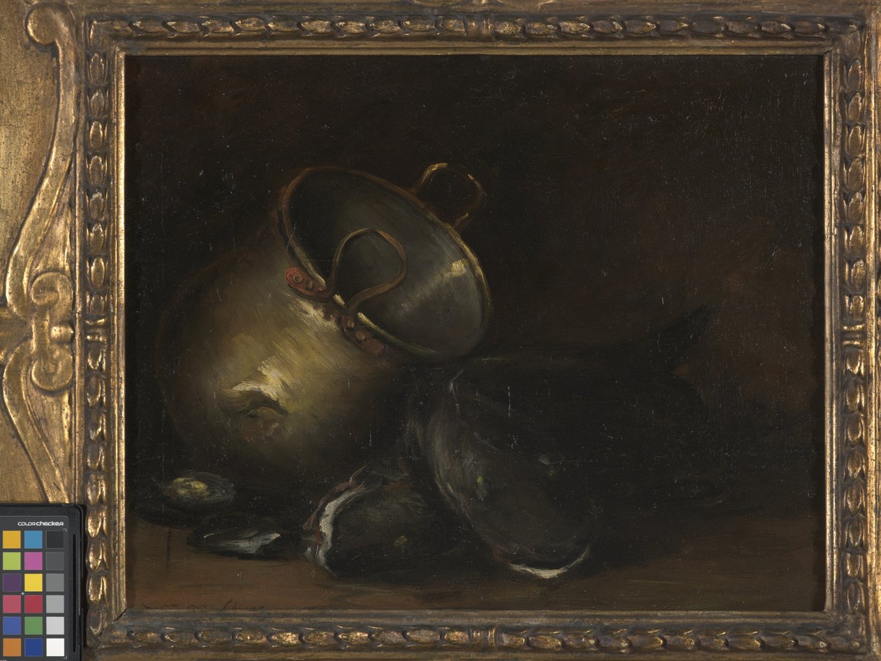 Stilleben - Brass Kettle And Catfish (olja på duk) av William Merritt Chase