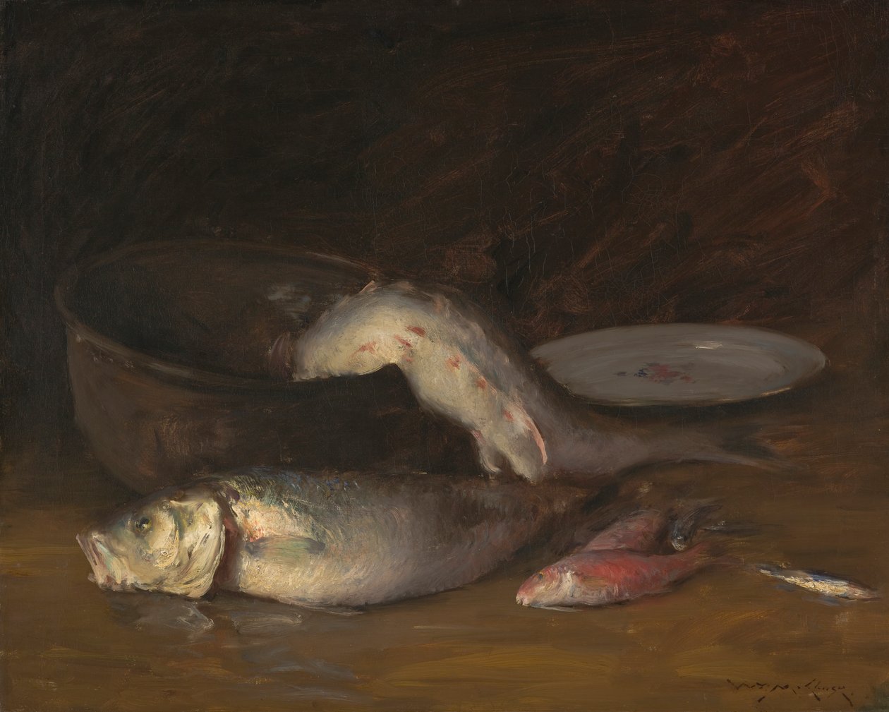 Stilleben med fisk, ca 1910 (olja på duk) av William Merritt Chase