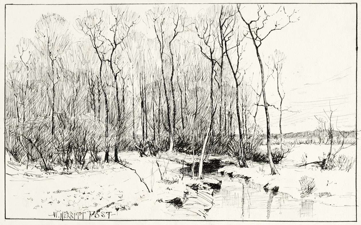 Utan titel, vinterlandskap (penna och bläck på papper) av William Merritt Chase