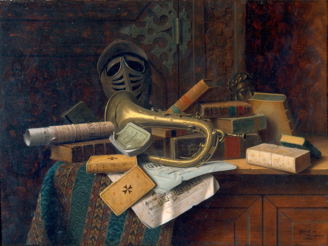 Stilleben med byst av Dante 1883 (olja på pannå) av William Michael Harnett