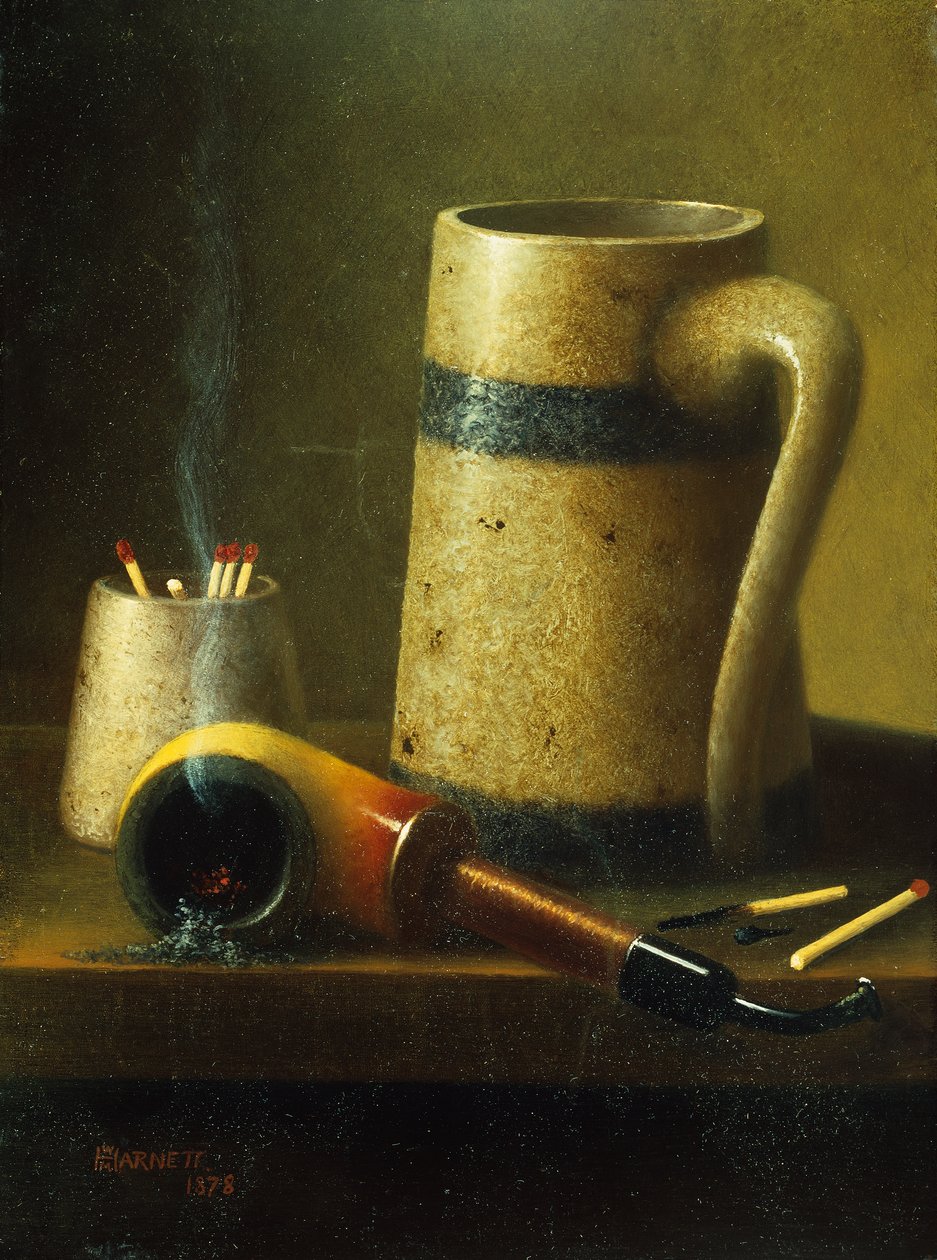 Stilleben med pipa, mugg och tändstickor (olja på duk) av William Michael Harnett