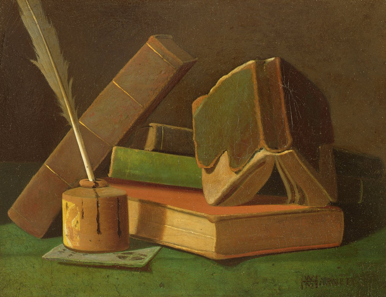 Stilleben med böcker och bläckbrunn av William Michael Harnett