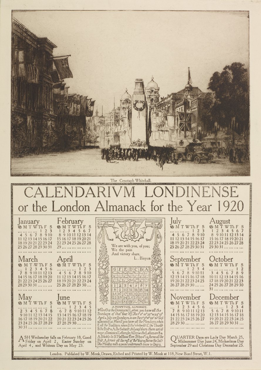 Calendarium Londinense, eller London Almanack för 1920, med utsikt över Cenotaph, Whitehall, 1919 av William Monk