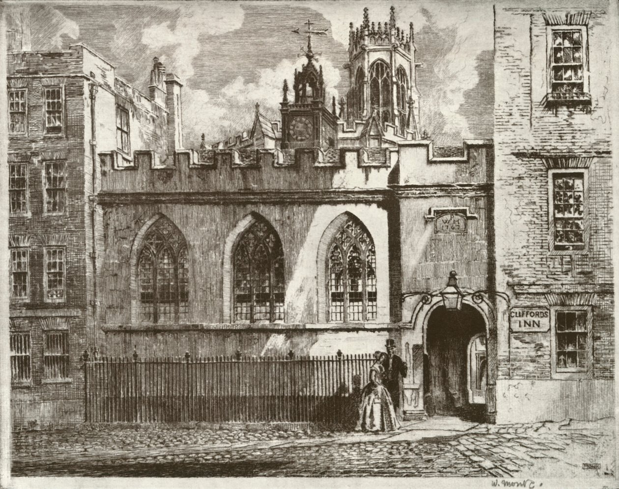 Cliffords Inn Hall and Clock Turret, med Lantern Tower of St. Clement Danes Beyond, 1934. av William Monk