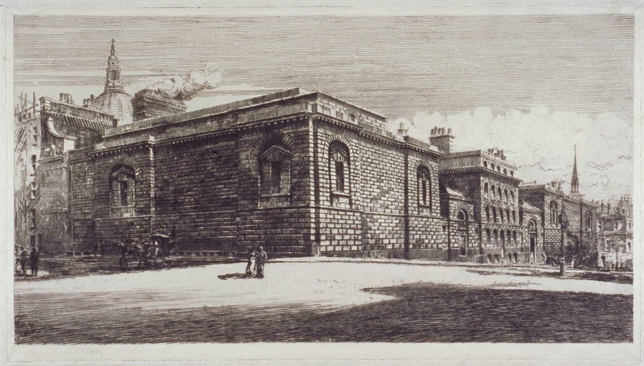 Utsikt över Newgate Prison, Old Bailey, från Newgate Street, City of London, c1900 av William Monk