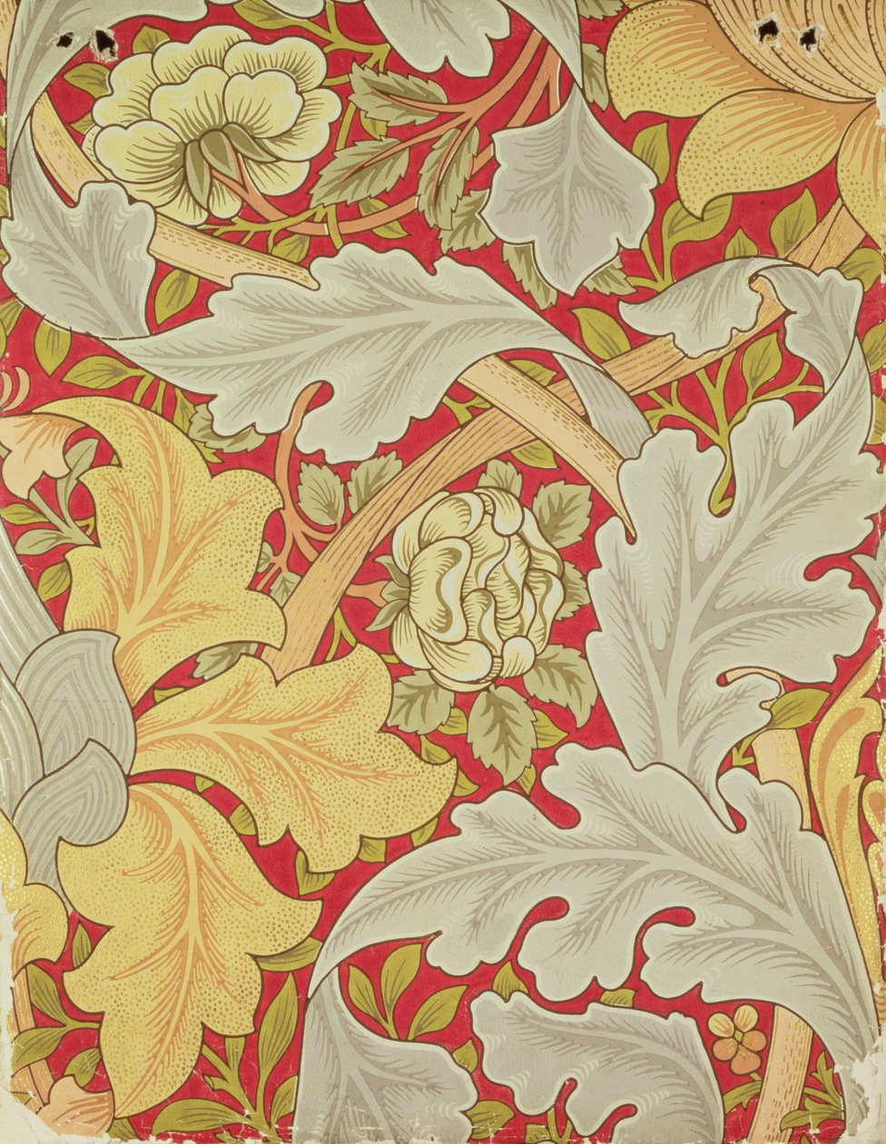Acanthusblad och vildros på en röd bakgrund, tapetdesign av William Morris