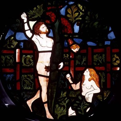 Adam och Eva plockar frukt, detalj från skapelsefönstret av William Morris