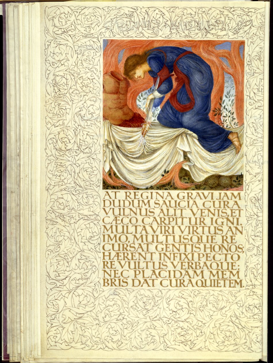 Dido knivhugger sig själv, öppningen av bok IV av Virgils "Aeneid" av William Morris