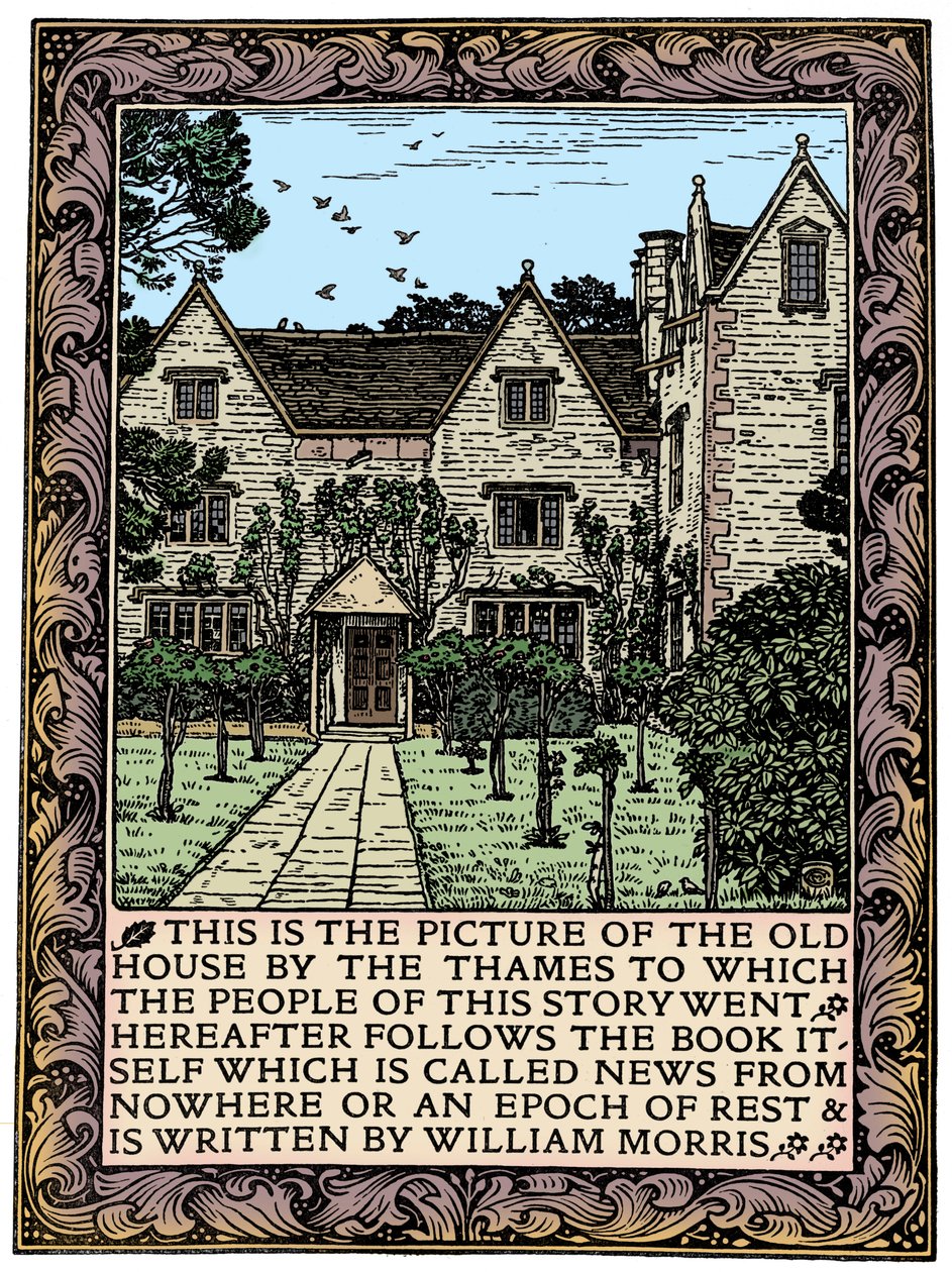 Kelmscott Manor, Gloucestershire, frontispice till News from Nowhere, c1892 1901 av William Morris