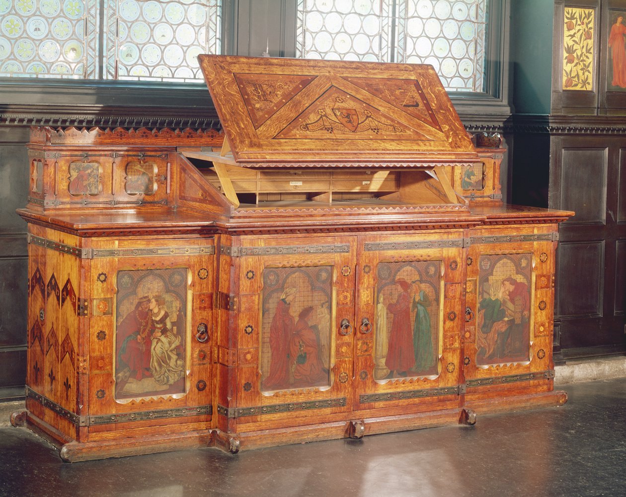 Kung Renes smekmånadsskåp, designat av J.P. Seddon, 1862 (ek med målade paneler) av William Morris