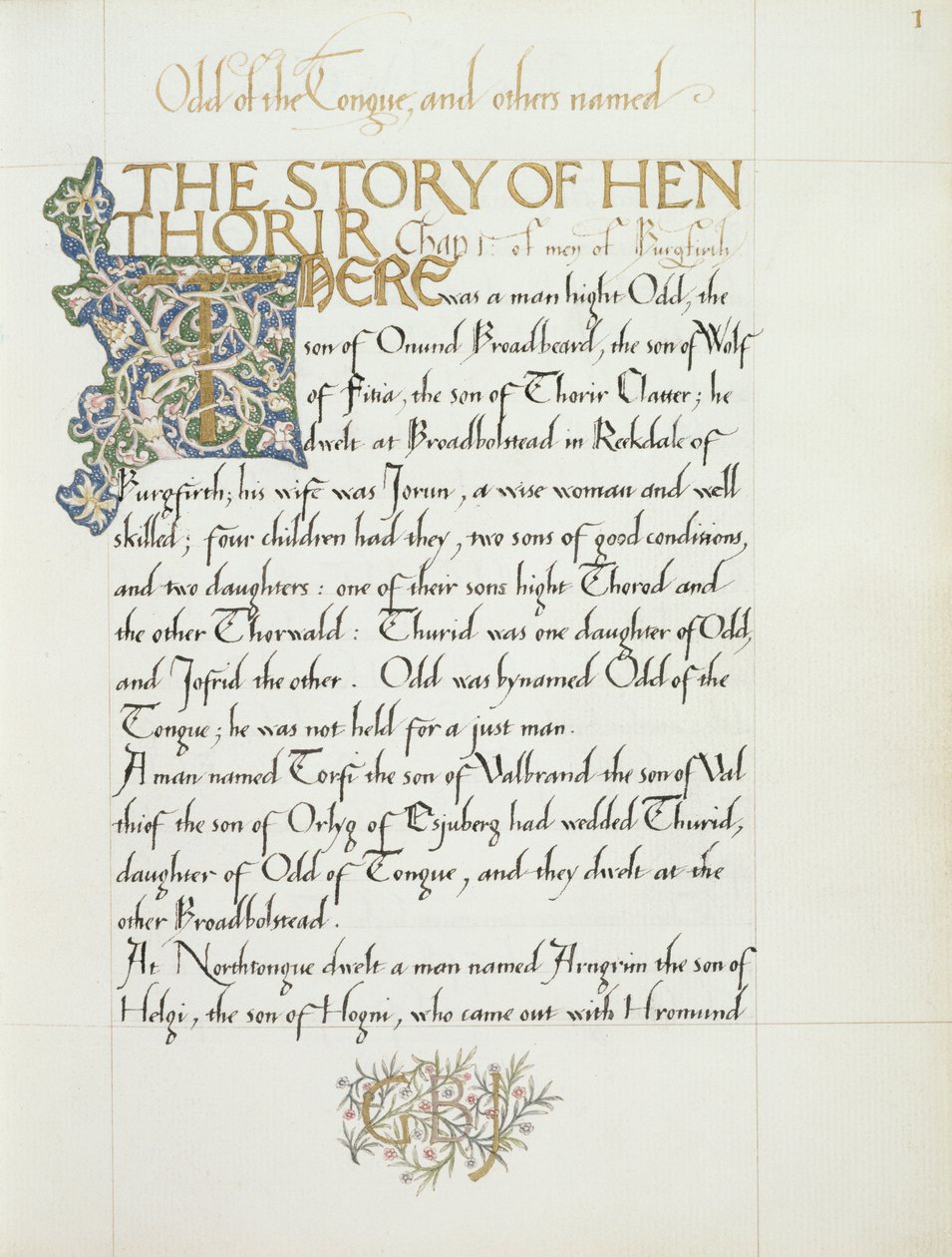 Ms 270* f.1r The Story of Hen Thorir, c.1873-4 (papper) av William Morris