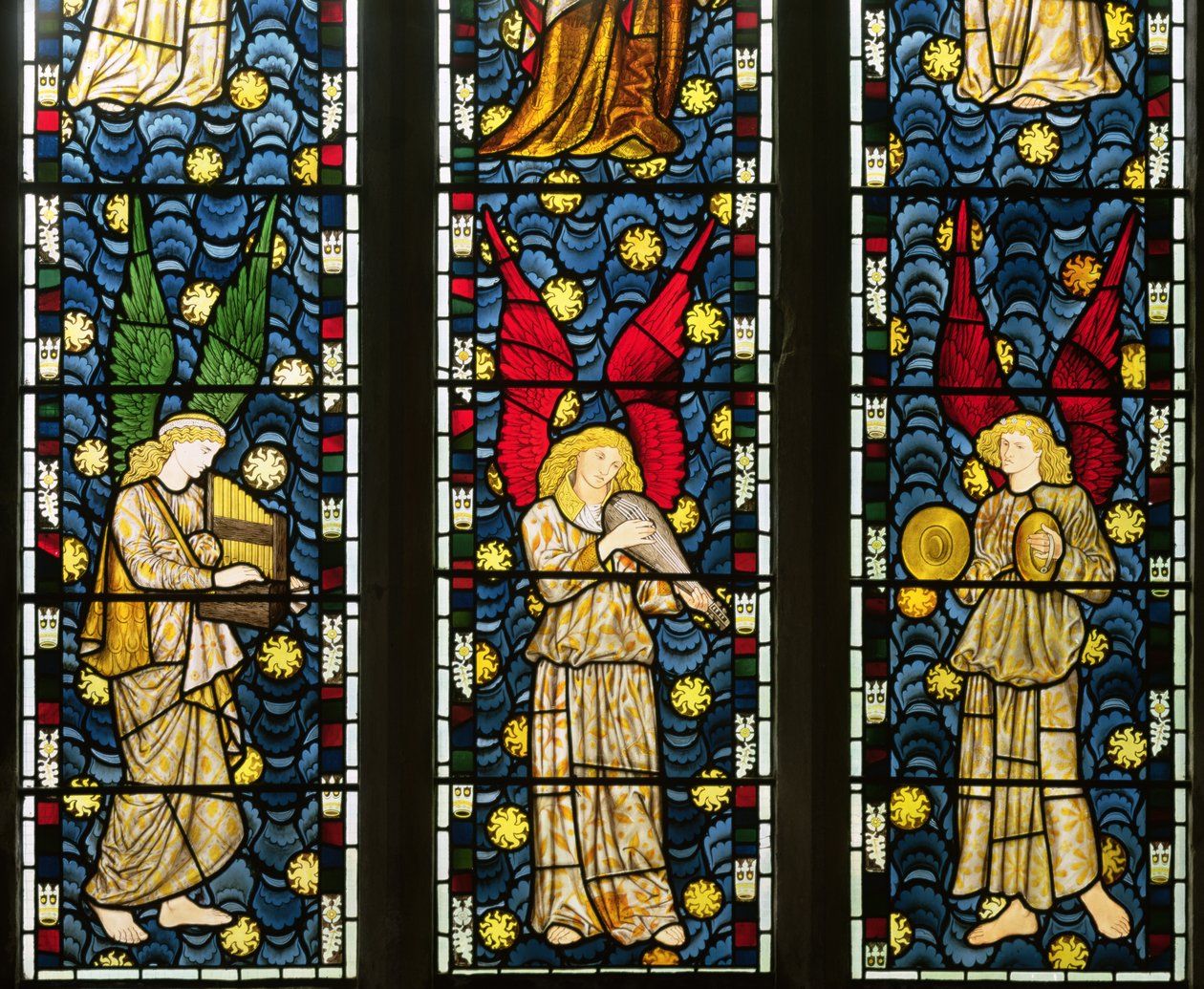 Musical Angels, detalj av den nedre halvan av änglarnas fönster, 1869 målat glas detalj av 120165 av William Morris