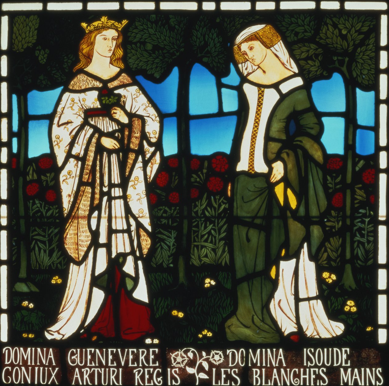 Drottning Guinevere och Isolde av de vita händerna, från "Berättelsen om Tristan och Isolde", William Morris und Co., 1850 (målat glas) av William Morris