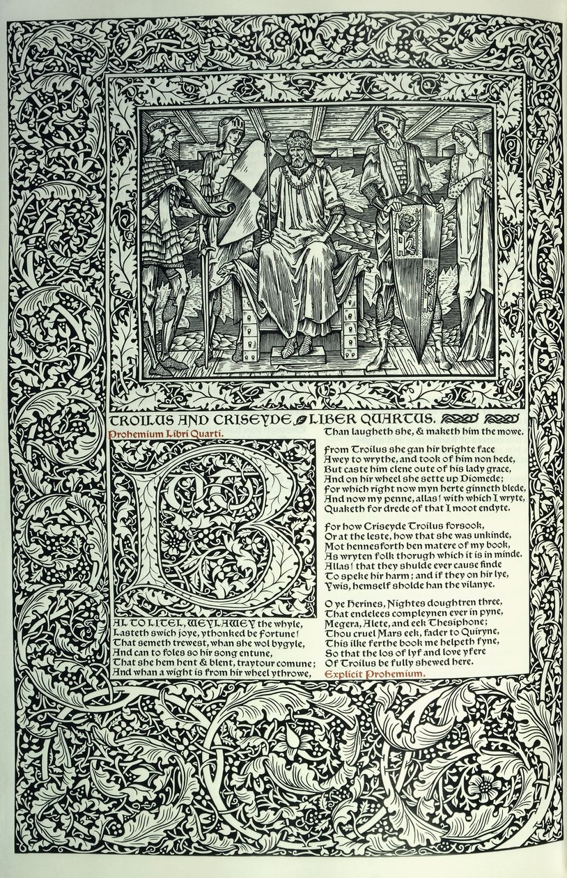 Scen från "Troilus och Criseyde", historisk initial "B", manuskript med hel sidkant, 1896 av William Morris