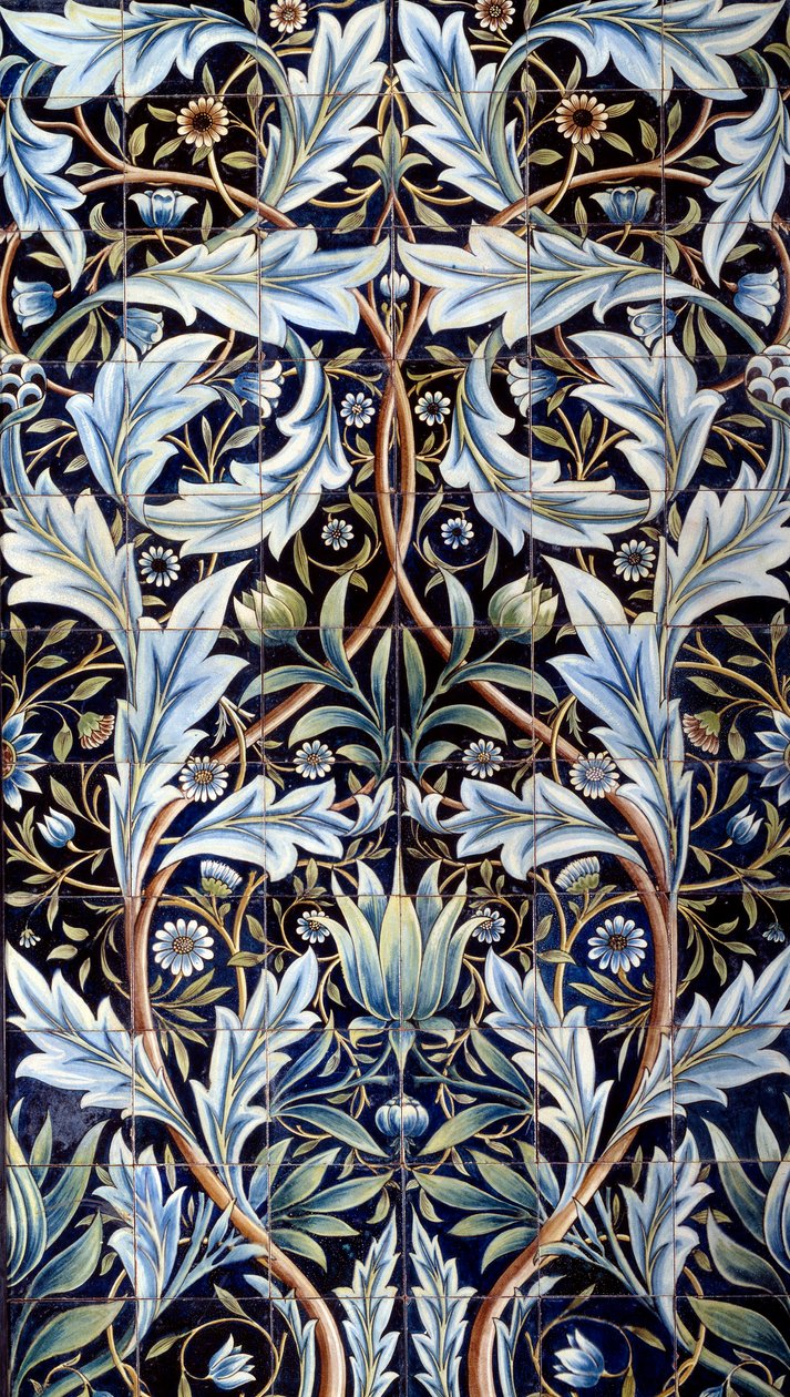 Väggtäckande panel (66 brickor) tillverkad av William Morris (1834-1896) och William Frend de Morgan (1839-1917) i fajans. Från Membland Hall för Edward Charles Baring. Chelsea, England. 1876-1877 Sön. 1x635 m Paris, musee d