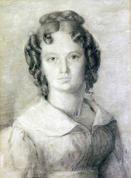 Porträtt i byst av Charlotte Rolfe (penna och färgpenna på papper) av William Mulready