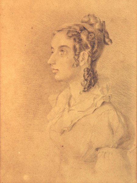 Porträtt av en dam (penna & färgpenna på papper) av William Mulready
