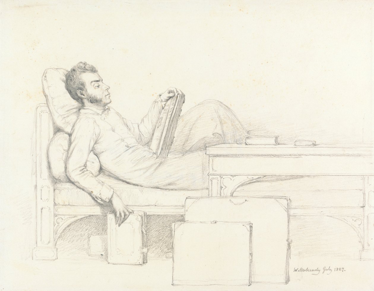 Självporträtt av konstnären liggande på en gotisk soffa och läser en bok av William Mulready