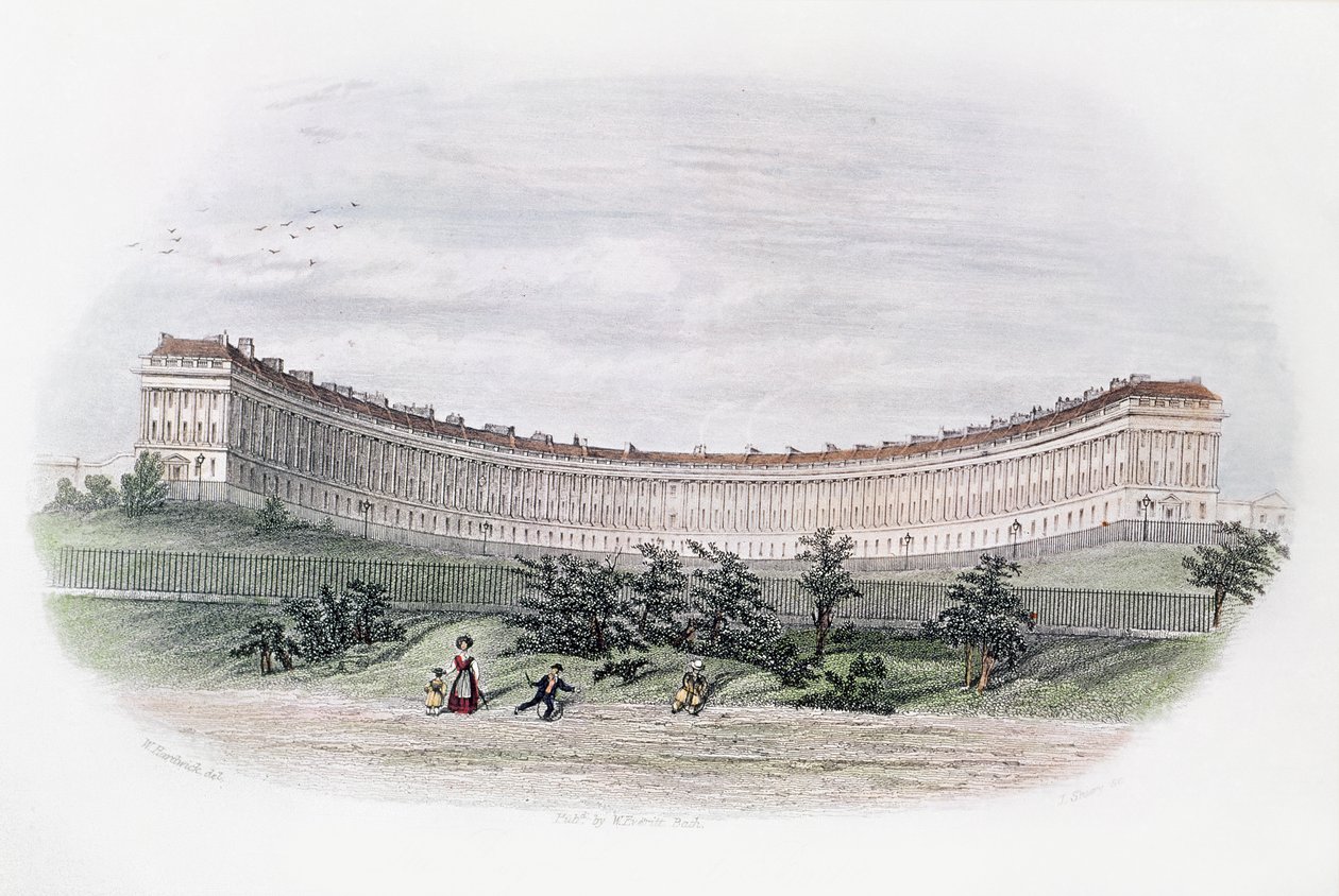 Royal Crescent, Bath, från parken, graverad av J. Shury, c.1840 av William N. Hardwick of Bath
