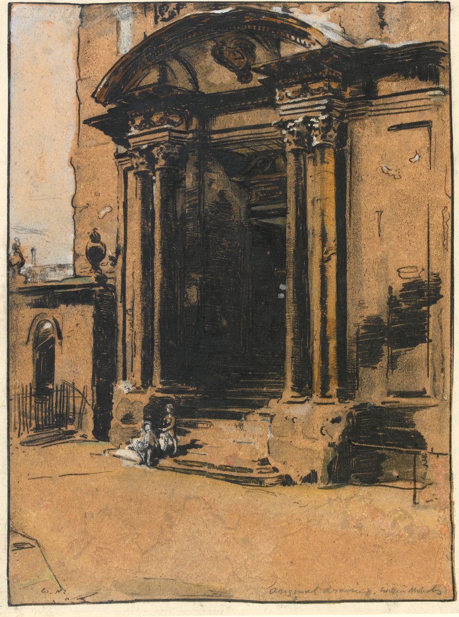 Dörröppningen till det gamla Ashmolean Museum, Oxford (penna & bläck, svart krita & tvätt med vit förhöjning på kalkerpapper) av William Nicholson