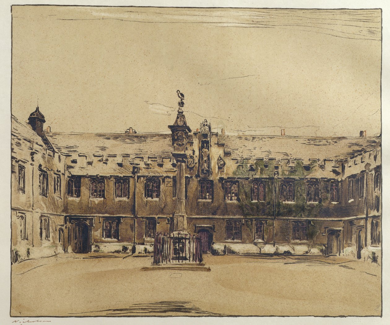 Front Quad från Corpus Christi College, Oxford (penna och bläck med tvätt på papper) av William Nicholson