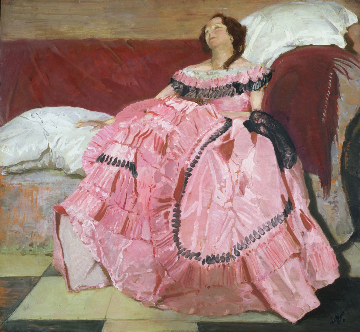 Den rosa klänningen (olja på panel) av William Nicholson