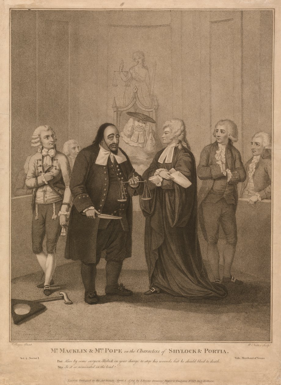 Mr Macklin och Mrs Pope i karaktärerna Shylock och Portia av William Nutter