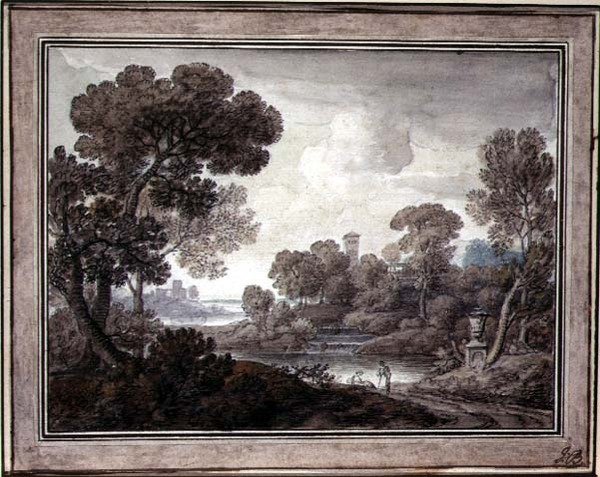 Klassiskt landskap, ca 1770 (penna & bläck och akvarell på papper) av William Oram