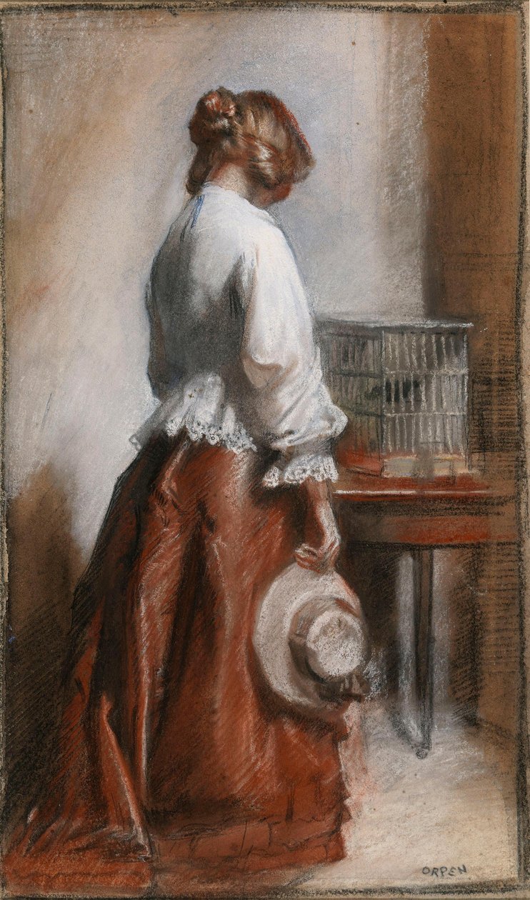 Dam med fågelbur av William Orpen