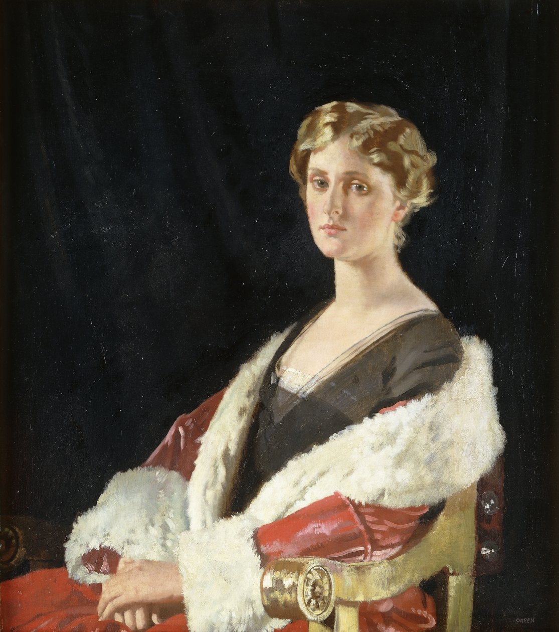 Porträtt av Nancy Oswald Smith, sittande halvlängd, i en röd pälsfodrad kappa, 1915 av William Orpen