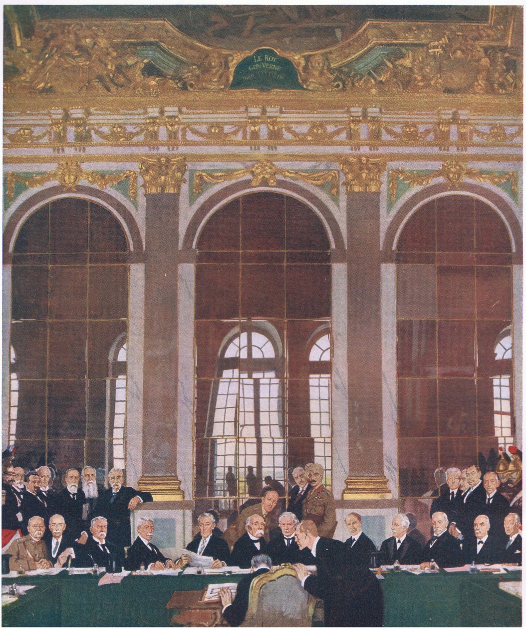 Undertecknande av freden i spegelsalen, Versaillespalatset, 28 juni 1919, från Cassells History of the British People utgiven av Waverley Book Company Limited, ca 1940. av William Orpen